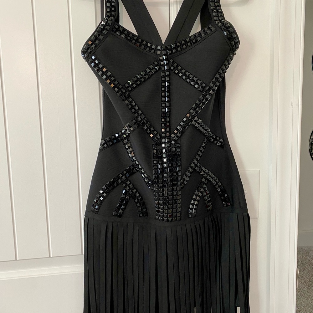 VENUS Black Geometric Beaded Mini Dress